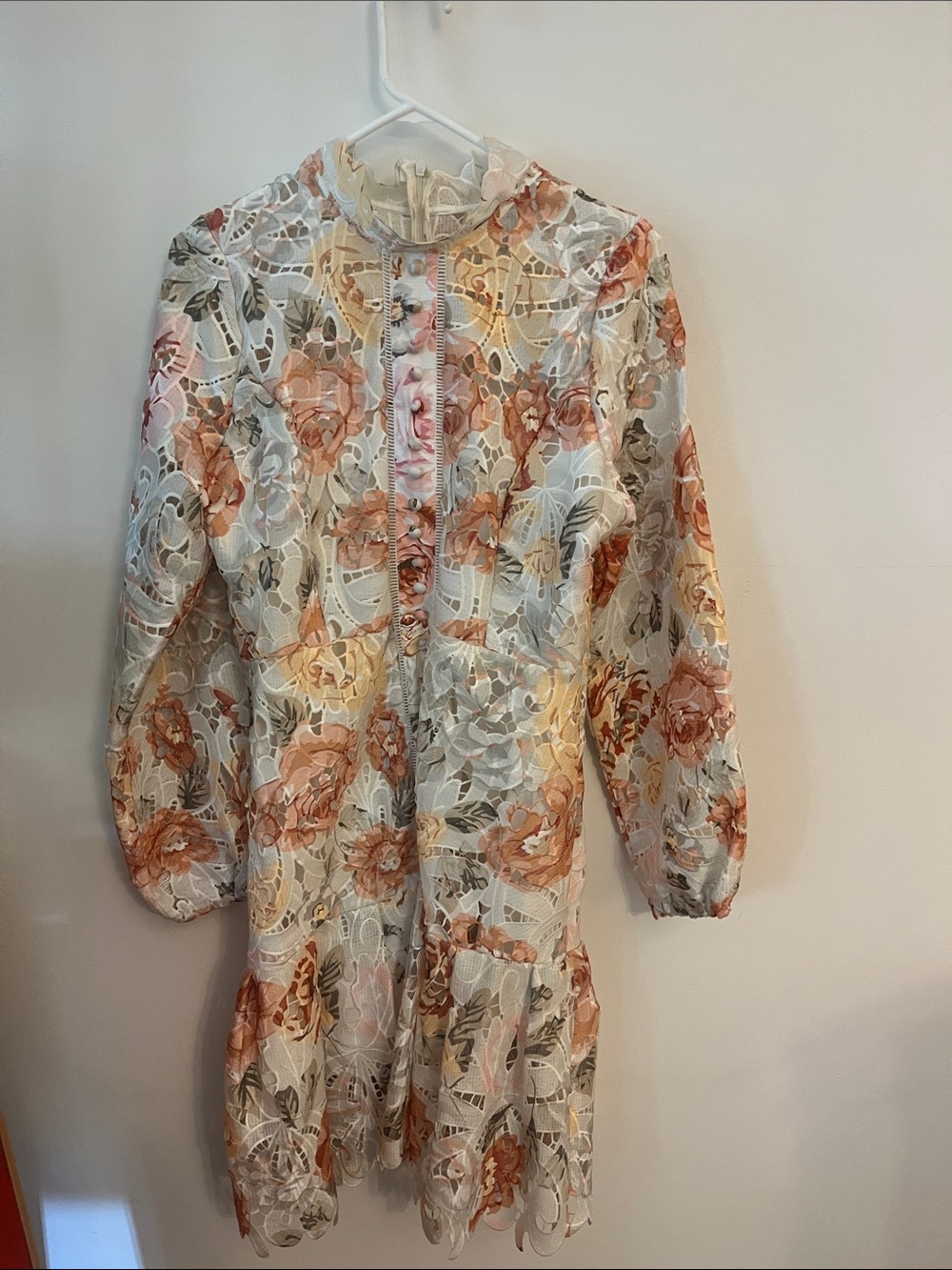 Long-Sleeve Floral Lace Midi Dress in White and Peach